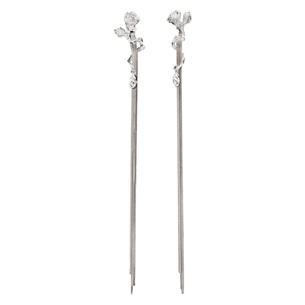 Pair of silver drop earrings with floral designs