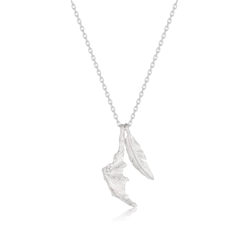 Silver necklace with a dragon wing pendant on a white background