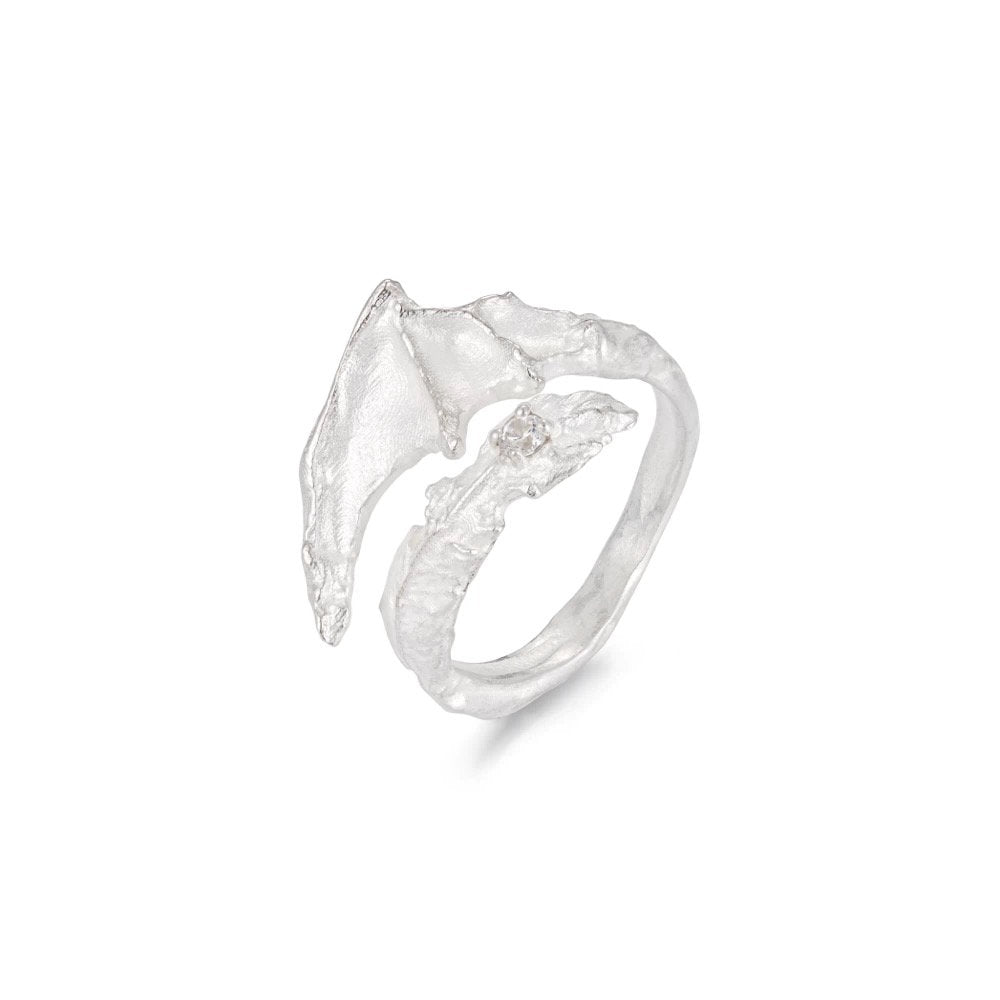Silver ring with a unique dragon wing design on a white background