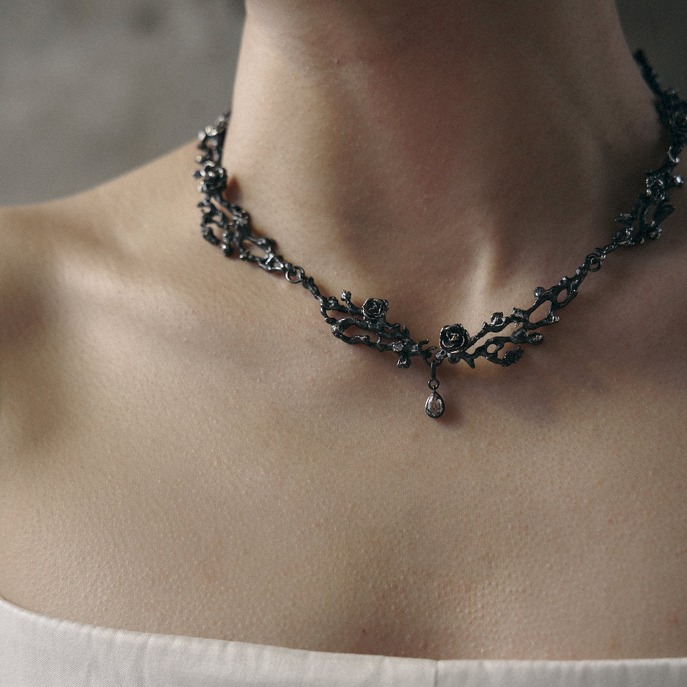 black Rose Branch Necklace for Medieval style